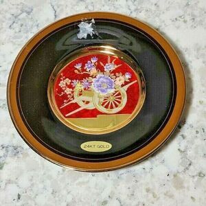 The Art of CHOKIN 24K GOLD Edged BLACK 6.5" Plate‎ Wagon with Flowers VINTAGE.